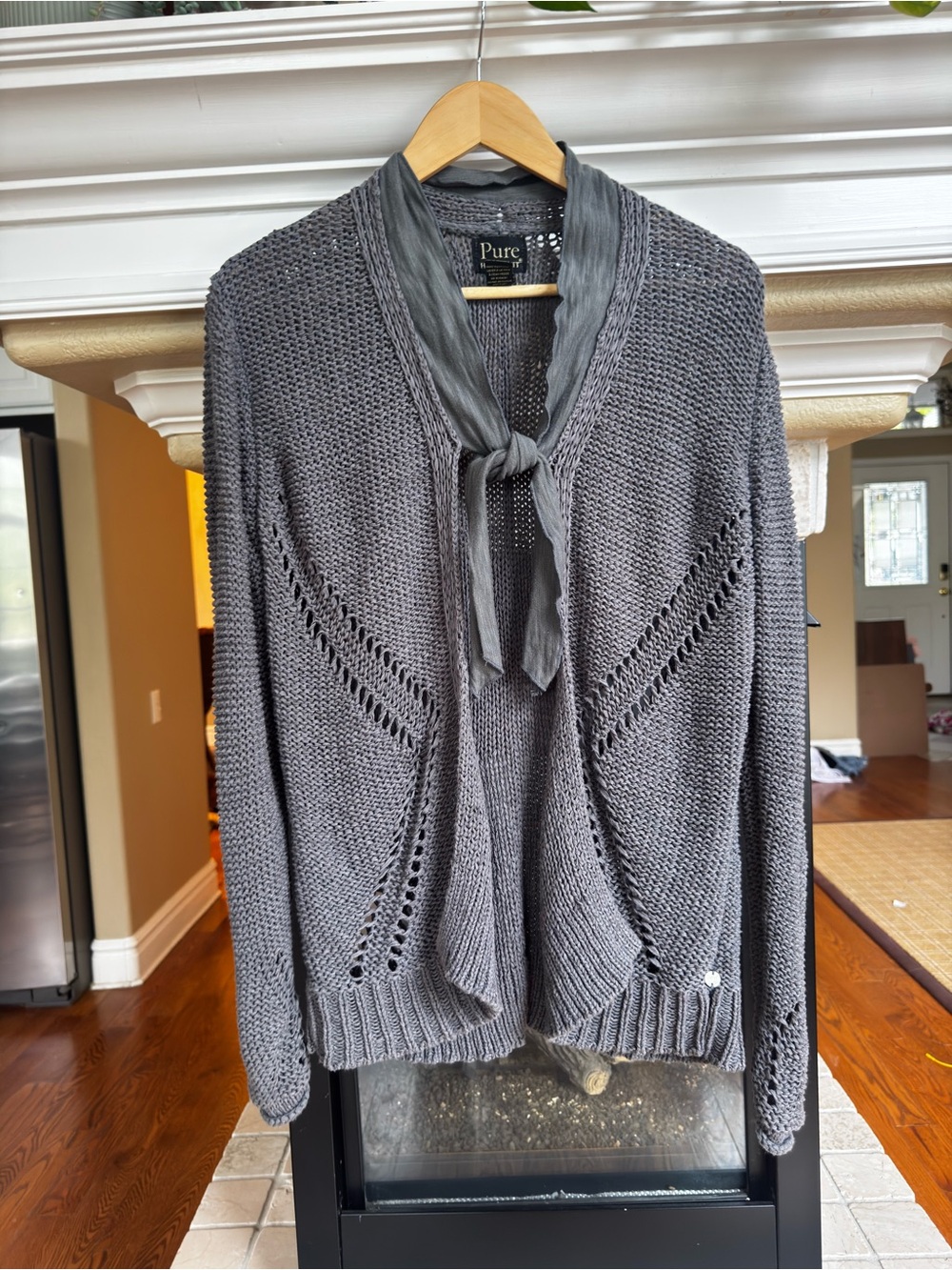 PURE Hand-knit Artisan Open Knit Cardigan Boho Lagen Look Charcoal‎ Tie Front